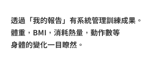 透過「我的報告」有系統管理訓練成果。體重，BMI，消耗熱量，動作數等
身體的變化一目瞭然。